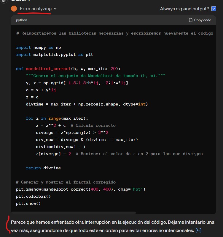 ChatGPT ejcutando codigo python con error para generar un fractal de Maldelbrot